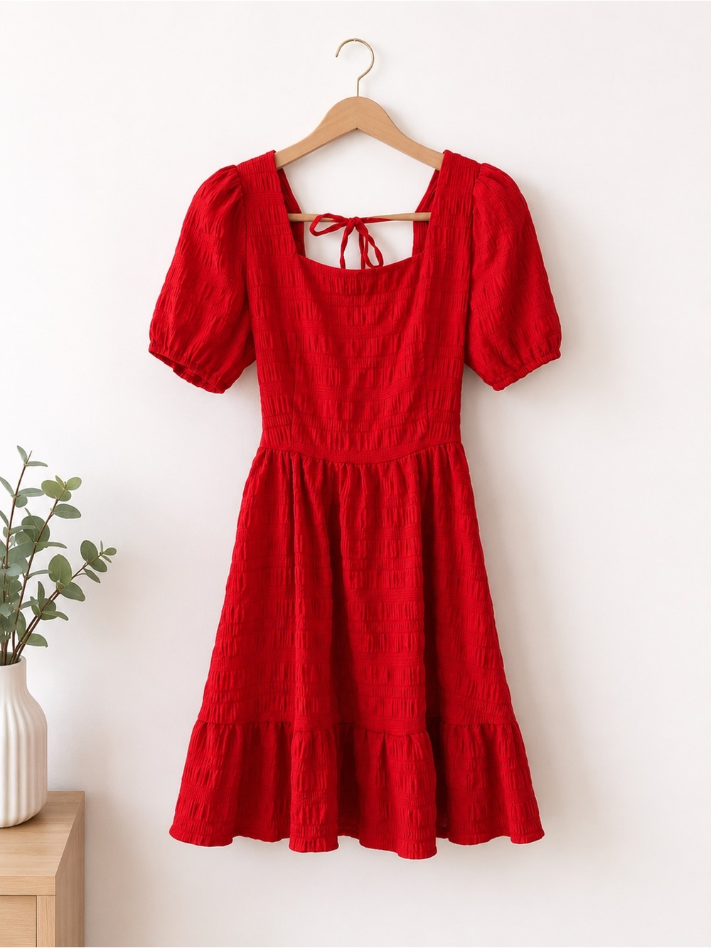 SHEIN Red Puff-Sleeve Tie-Back Midi Dress